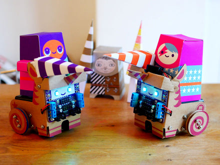 Robot unicorns jousting with paper craft knights